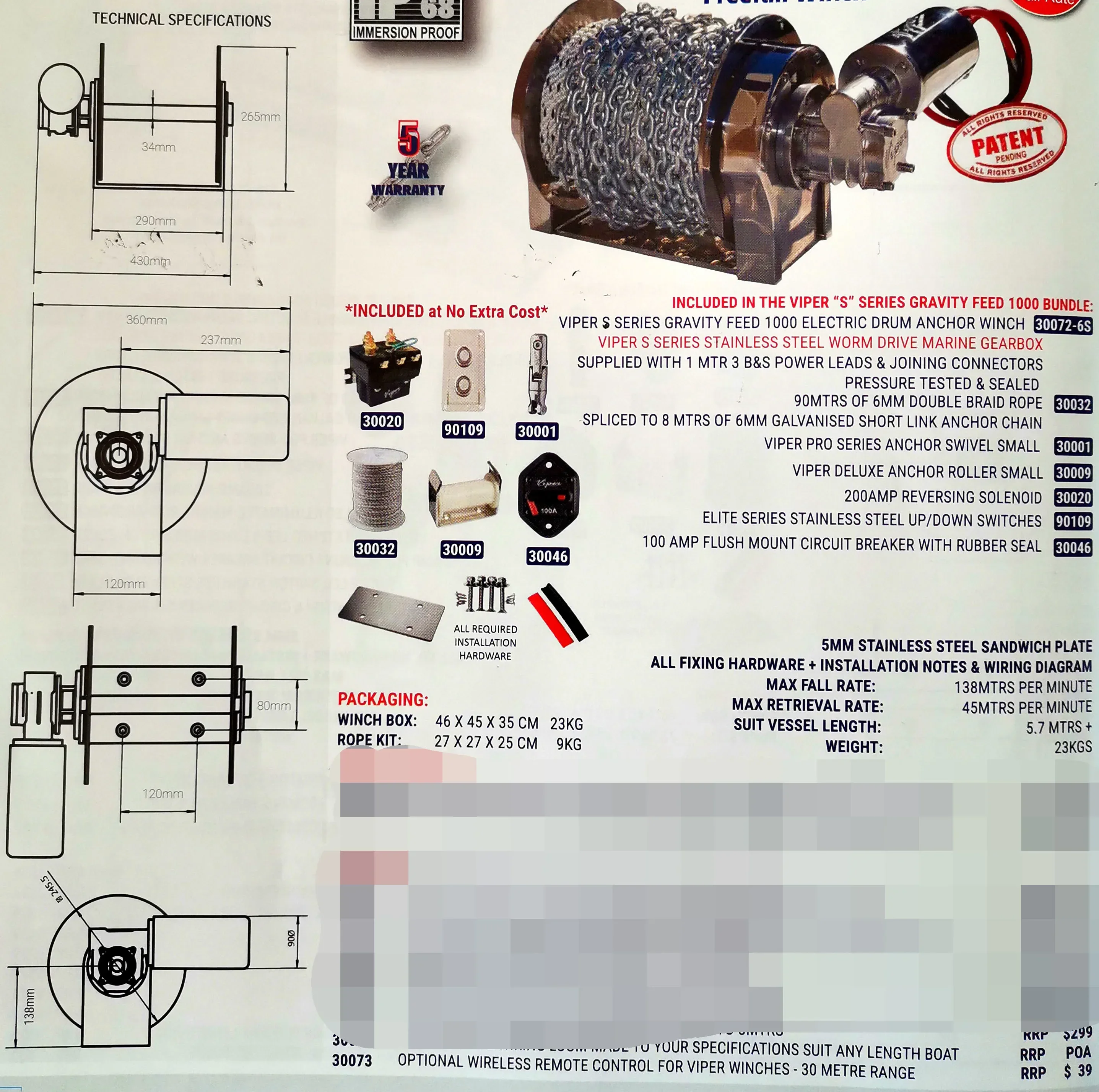 Fishing Boat Anchor Winch - Marine Equipment 1000W 316 Stainless Steel