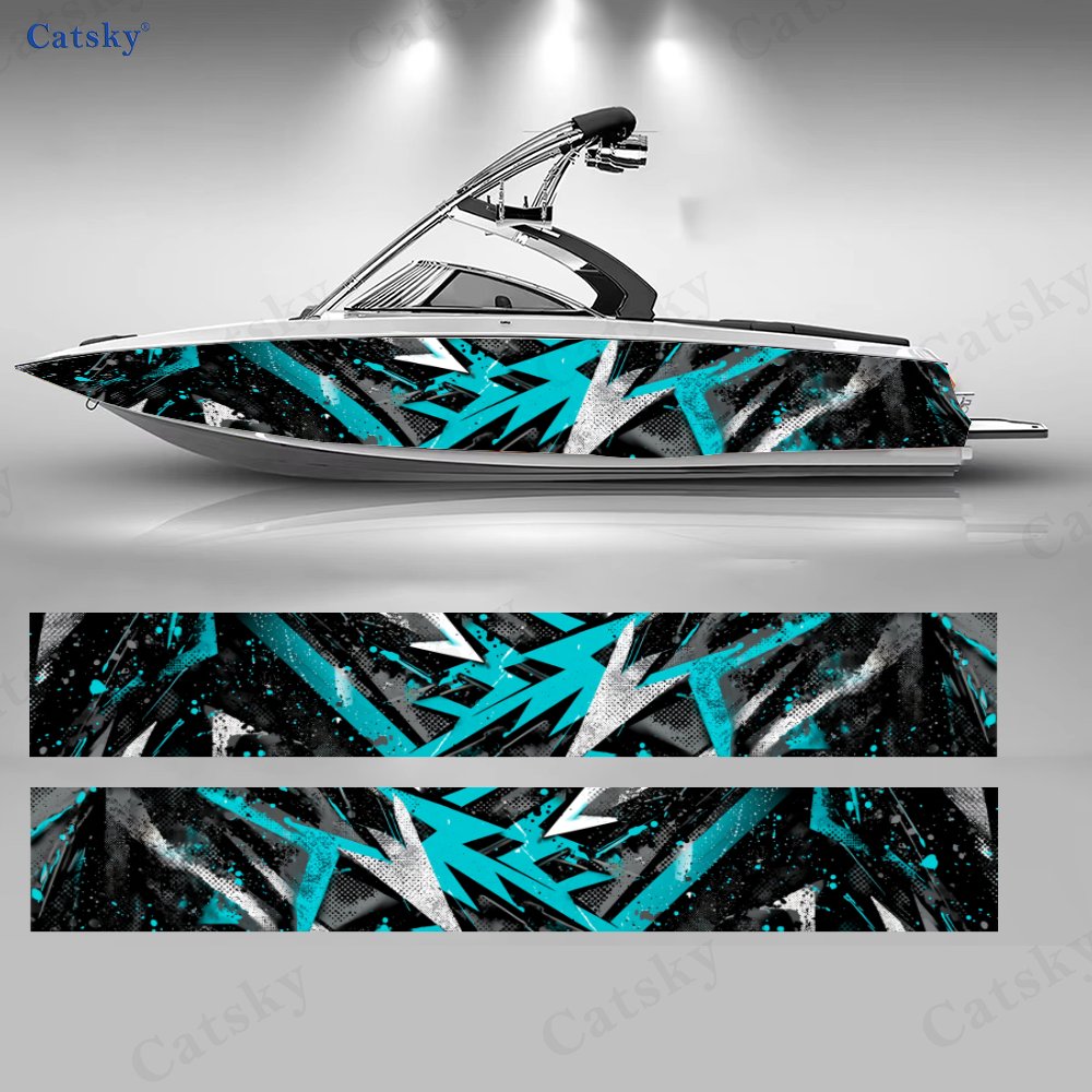 Fishing Boat Trailer - 2Pcs Cyan & White Sharp Graffiti